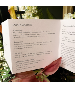 Luxury pink wedding stationery suite including a personalised day wedding invitation and matching accessories.
