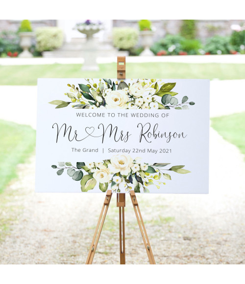 Personalised White Roses wedding welcome sign featuring romantic watercolour roses and green foliage.