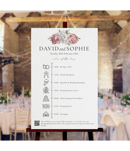 Beau Peonies wedding order of the day sign with elegant pink peony floral design