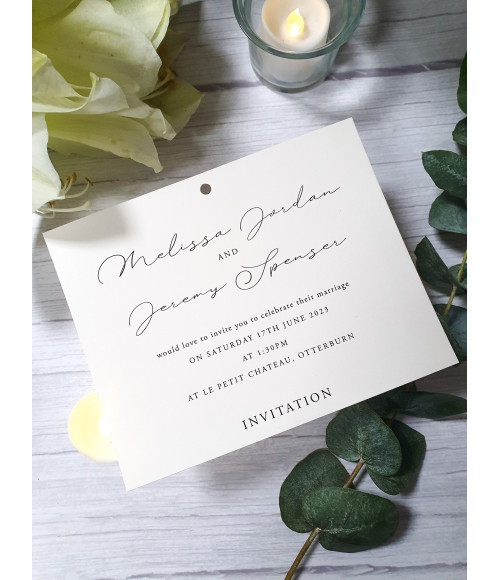 Dark Cream wedding invitation with elegant script font, pearl white card, and matching RSVP postcard and information sheet