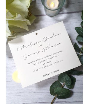 Dark Cream wedding invitation with elegant script font, pearl white card, and matching RSVP postcard and information sheet