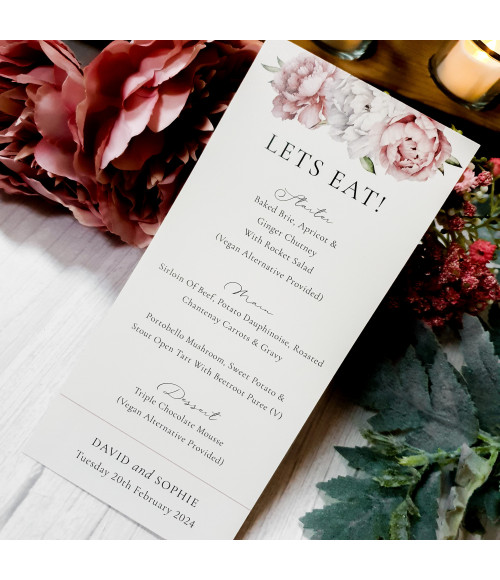 Beau Peonies wedding menu with pink and white floral design on pearl white card