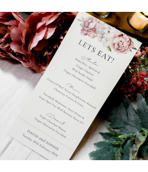 Beau Peonies wedding menu with pink and white floral design on pearl white card