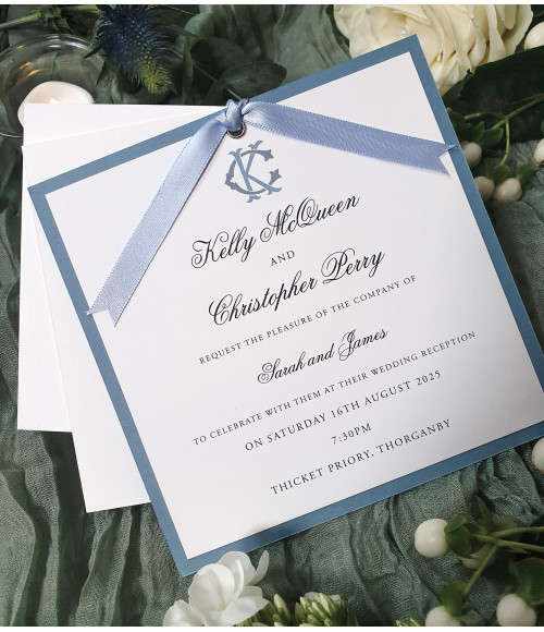 Signature dusty blue wedding invitation folder with premium pearl card finish