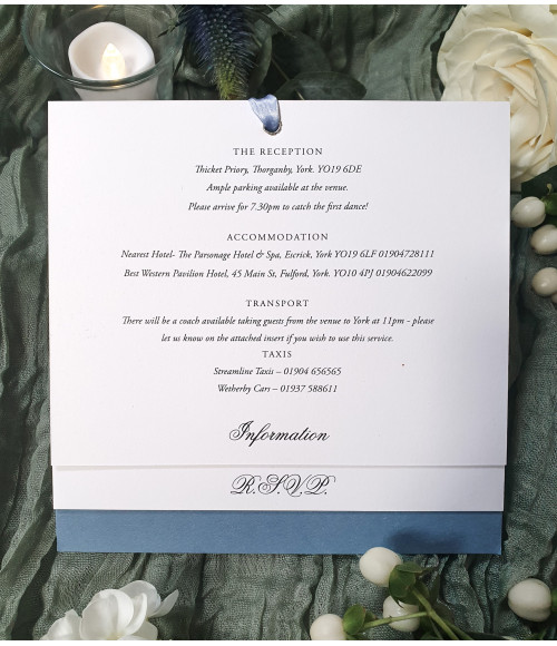 Romantic evening wedding invitation in dusty blue with layered luxury card design