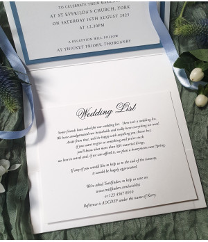 Luxury Light Blue wedding Invitation with ribbon, monogram, ribbon, information card and rsvp postcard