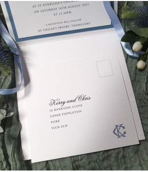 Wedding RSVP postcard in mist blue with guest response details, dietary options and return address