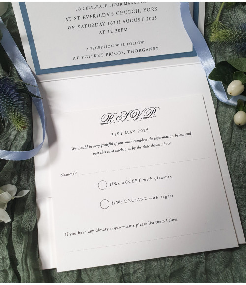 Luxury Pale Blue wedding Invitation with ribbon, monogram, ribbon, information card and rsvp postcard