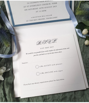 Luxury Pale Blue wedding Invitation with ribbon, monogram, ribbon, information card and rsvp postcard
