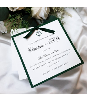 Elegant forest green wedding stationery suite featuring RSVP and information cards