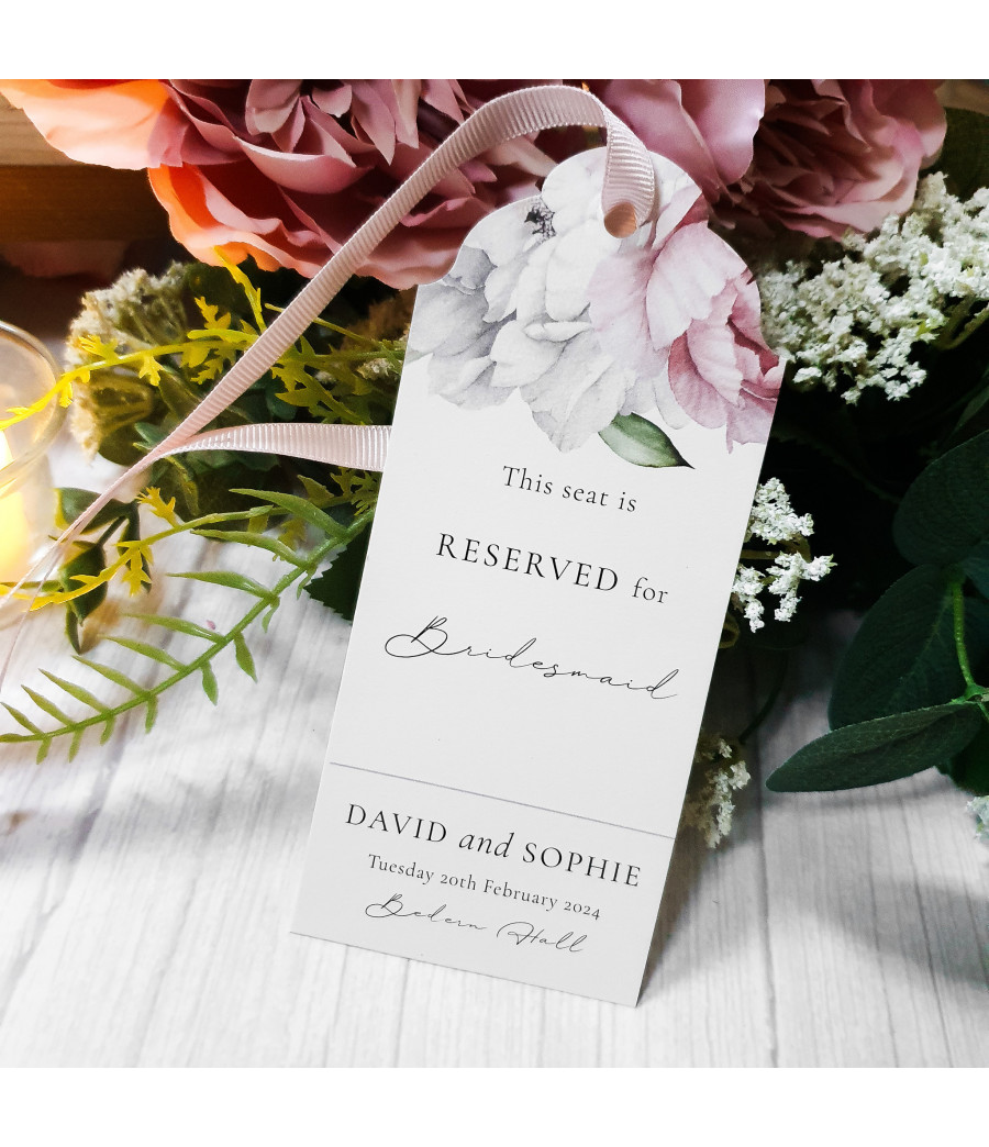 Personalised Beau Peonies reserved seat tag featuring elegant blush watercolour peonies for wedding ceremonies and receptions.