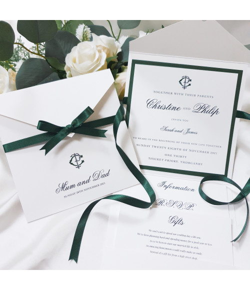 Forest green wedding invitation suite with RSVP postcard, information card and gift card in a coordinated luxury stationery set