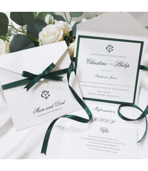 Forest green wedding invitation suite with RSVP postcard, information card and gift card in a coordinated luxury stationery set