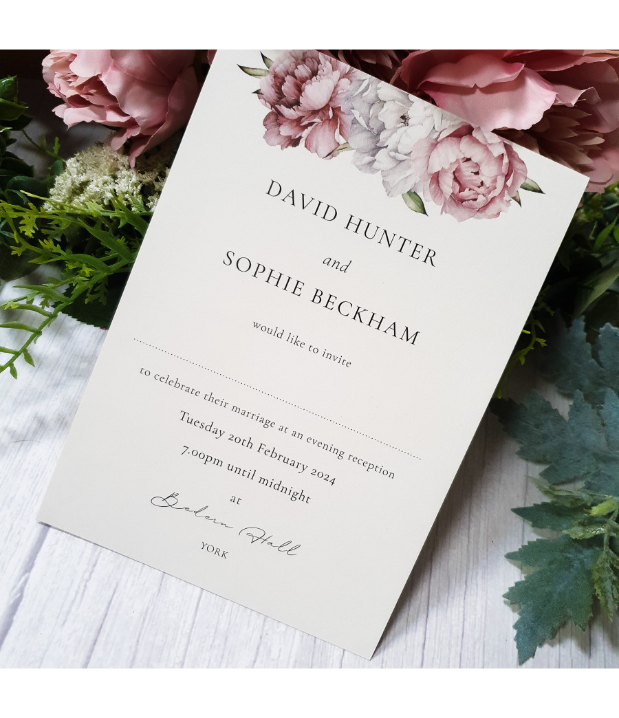 Personalised Beau Peonies evening wedding invitation featuring elegant blush watercolour peonies for stylish evening receptions.