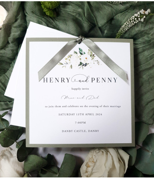 Luxury white rose evening wedding invitation with elegant floral design and personalised details