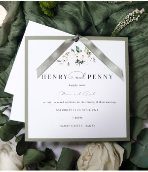 Luxury white rose evening wedding invitation with elegant floral design and personalised details