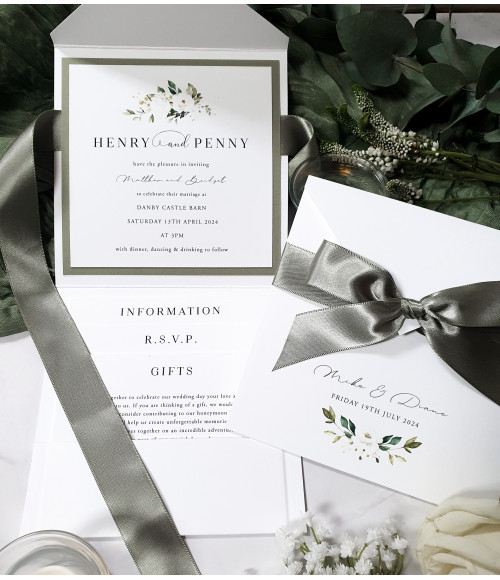 Luxury sage green wedding invitation suite featuring white rose floral design and personalised guest names