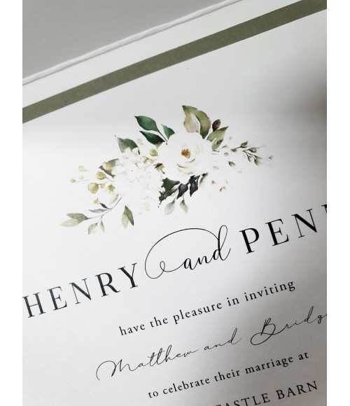 Elegant sage green wedding invitation design with floral artwork and personalised modern typography