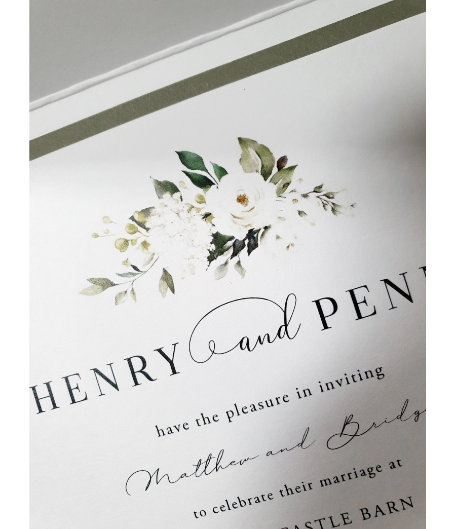 Elegant sage green wedding invitation design with floral artwork and personalised modern typography