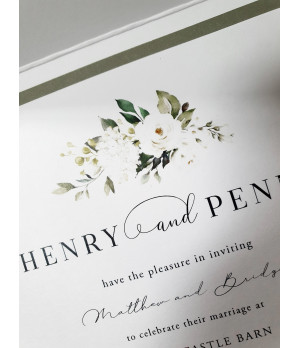 Elegant sage green wedding invitation design with floral artwork and personalised modern typography