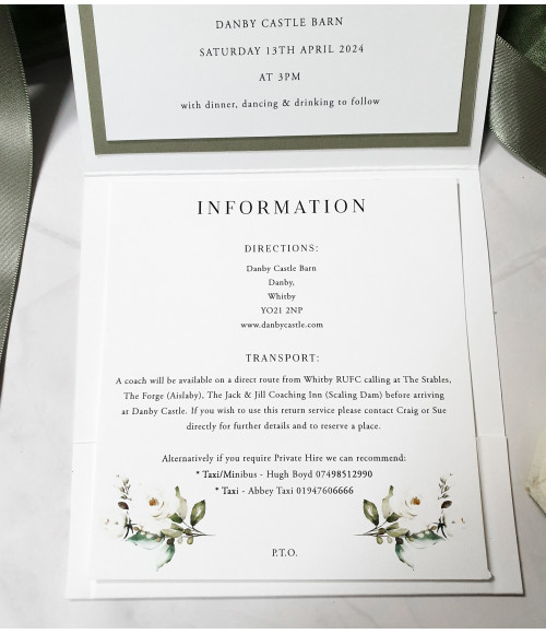 Personalised sage green wedding invitation with white roses and elegant layered stationery suite