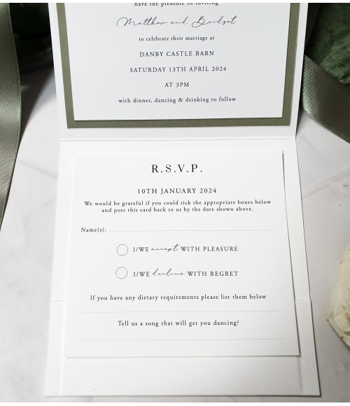 Beautiful sage and white rose wedding invitation, perfect for elegant and traditional celebrations