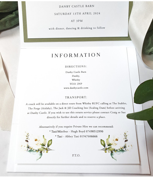 Close-up of luxury wedding stationery with white rose floral detail and personalised guest name printing