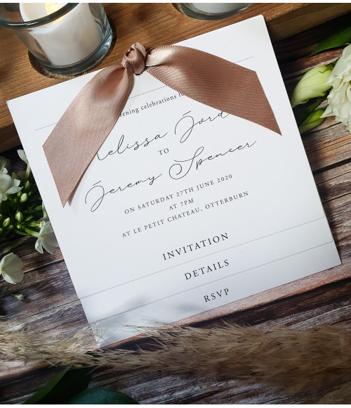 Elegant wedding invitation featuring a mocha mousse brown ribbon accent, perfect for adding a touch of sophistication