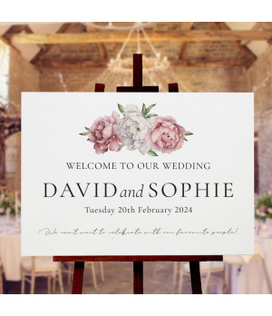 Personalised Beau Peonies wedding welcome sign with elegant watercolour pink and white peonies, perfect for romantic weddings.