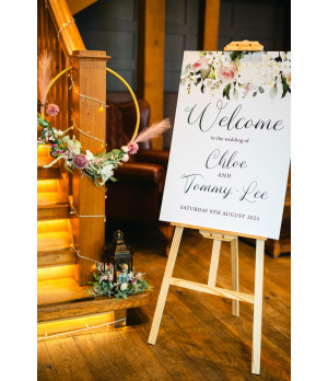 Luxury blush roses wedding welcome sign printed on premium board for stylish wedding venues.