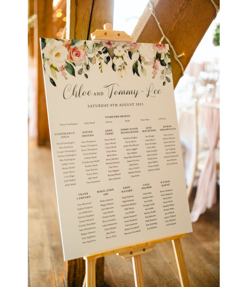 Romantic blush floral wedding table plan in A1 format for modern wedding receptions