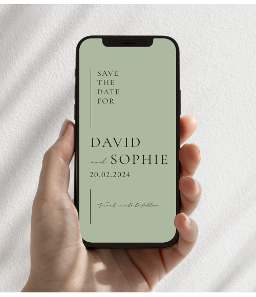 Personalised sage green save the date eCard for modern weddings.