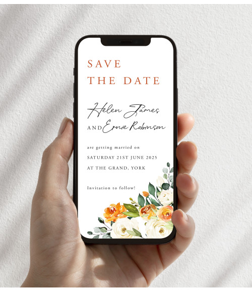 Personalised burnt orange wedding save the date e-card with elegant modern typography.