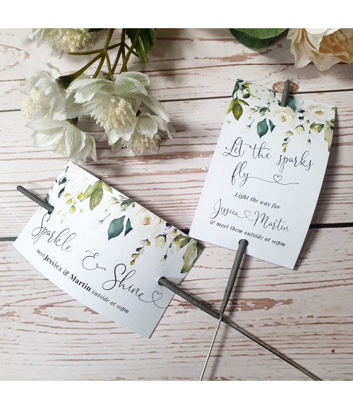 Personalised white roses wedding sparkler cards for a magical sparkler send-off.