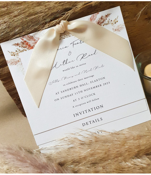 Luxury pampas wedding invitations handmade in the UK