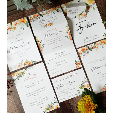 Concertina Burnt Orange wedding stationery sample featuring warm terracotta tones and elegant modern styling.