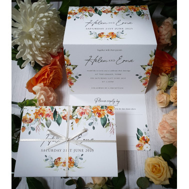 Burnt orange wedding invitation sample with a stylish concertina-folded design.