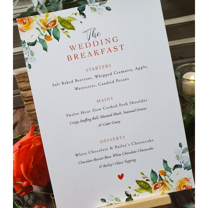 Burnt Orange, Terracotta and white wedding menu with rustic tones and professionally printed on white textured card