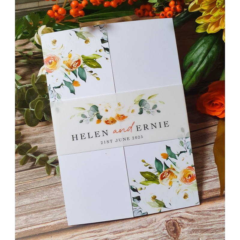 Floral personalised wedding invitation set with envelope and name details