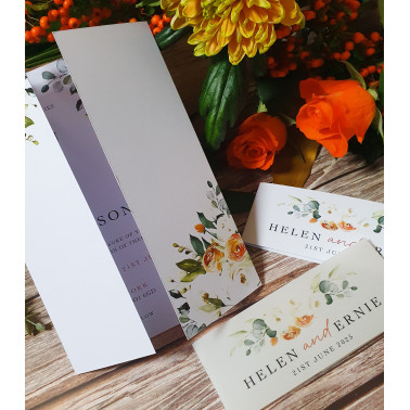 Custom printed floral wedding stationery invitation in burnt orange