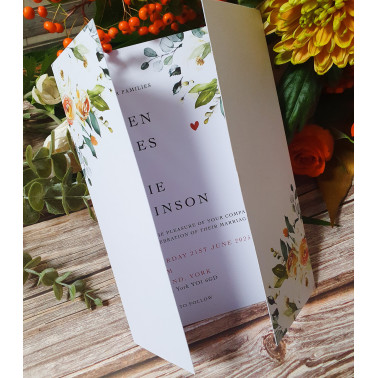 Beautiful orange floral wedding invite with matching envelope and details
