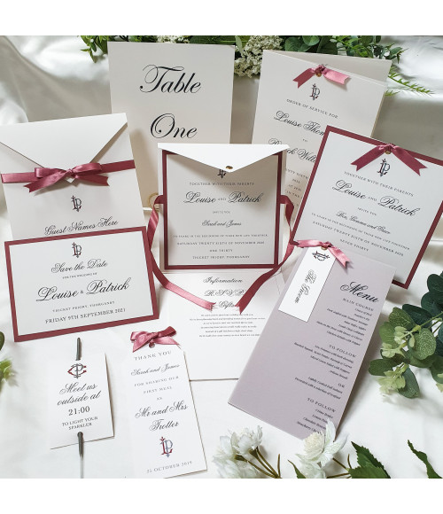 Order a dusky pink wedding invitation sample before placing your full order.