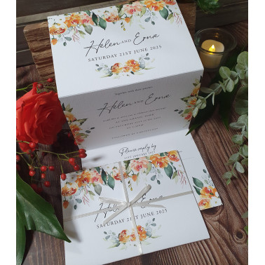 Burnt Orange Wedding Invite with concertina fold, rsvp postcard and white ribbon tied in a bow