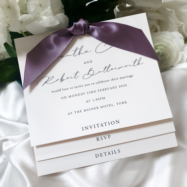Elegant lavender purple wedding invitation with luxury pearl card and soft satin ribbon