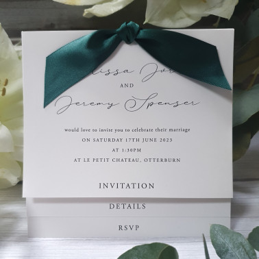 Emerald green wedding invitation with luxury pearl card and elegant script design