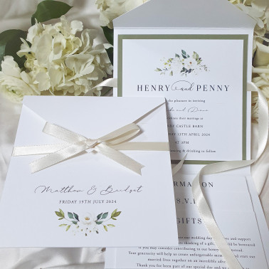 Luxury UK wedding invitation featuring white rose artwork and elegant monochrome personalised print