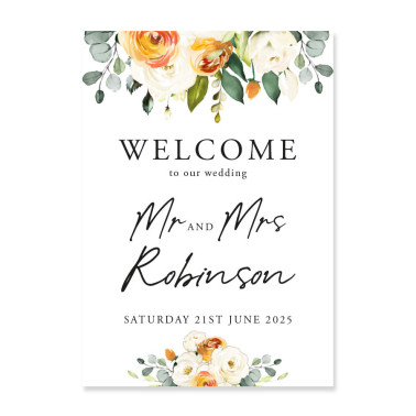 Personalised floral wedding welcome board designed to greet guests at an elegant UK wedding venue.