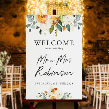 Modern wedding welcome sign in warm burnt orange, rust, taupe and cream tones.