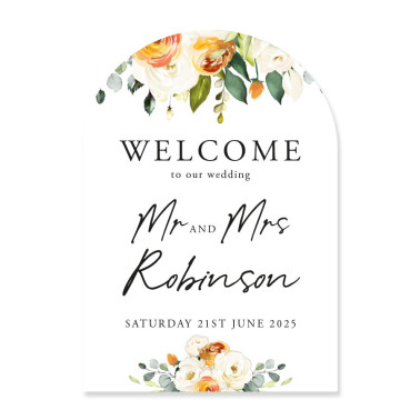 Modern arched wedding welcome sign in warm burnt orange, rust, taupe and cream tones.