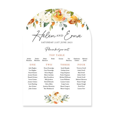 Elegant arched wedding seating plan sign featuring orange rose and eucalyptus floral design, personalised with guest names